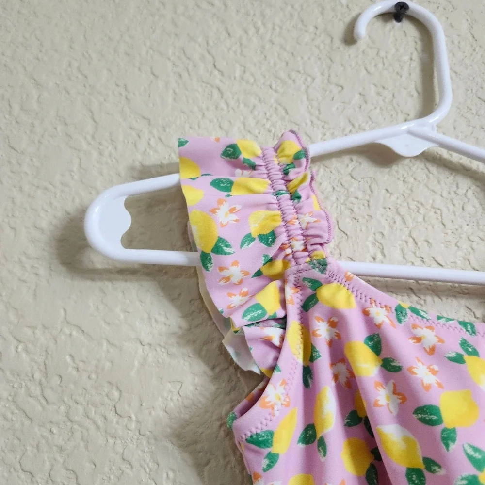 Crewcuts Girls Pink Lemon‎ Print Ruffle 2-Piece Bikini Swimsuit BX178 Size 2